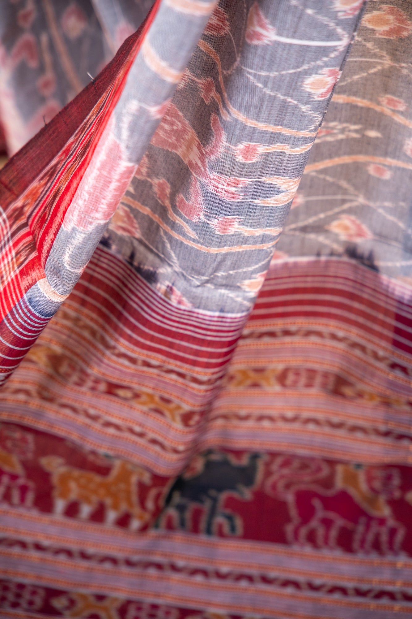 Handwoven Slate Grey Sambalpuri Cotton Saree with Lotus Bud Motifs