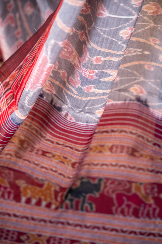 Handwoven Slate Grey Sambalpuri Cotton Saree with Lotus Bud Motifs