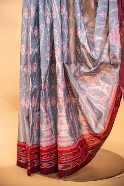 Handwoven Slate Grey Sambalpuri Cotton Saree with Lotus Bud Motifs