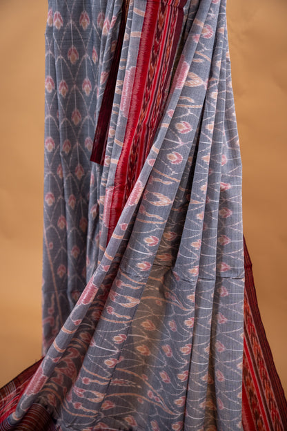Handwoven Slate Grey Sambalpuri Cotton Saree with Lotus Bud Motifs