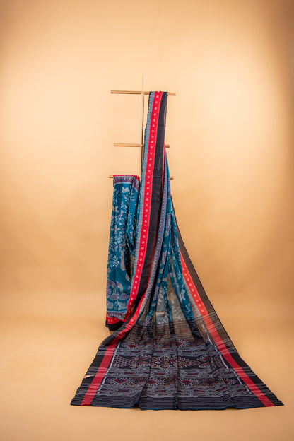 Indigo Teal Sambalpuri Cotton Handloom Saree with Tree of Life Motifs | Atulyakarigari