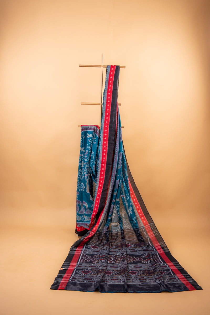 Indigo Teal Sambalpuri Cotton Handloom Saree with Tree of Life Motifs | Atulyakarigari
