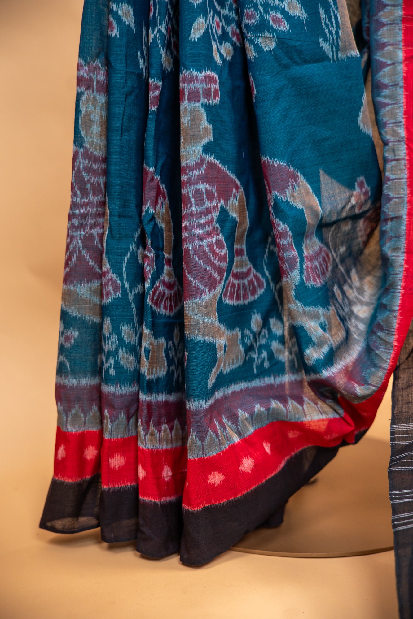 Indigo Teal Sambalpuri Cotton Handloom Saree with Tree of Life Motifs | Atulyakarigari