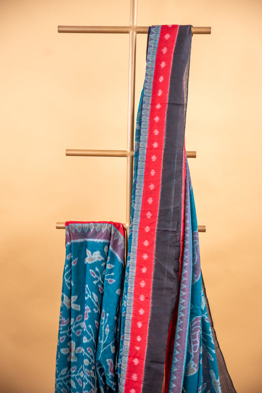 Indigo Teal Sambalpuri Cotton Handloom Saree with Tree of Life Motifs | Atulyakarigari