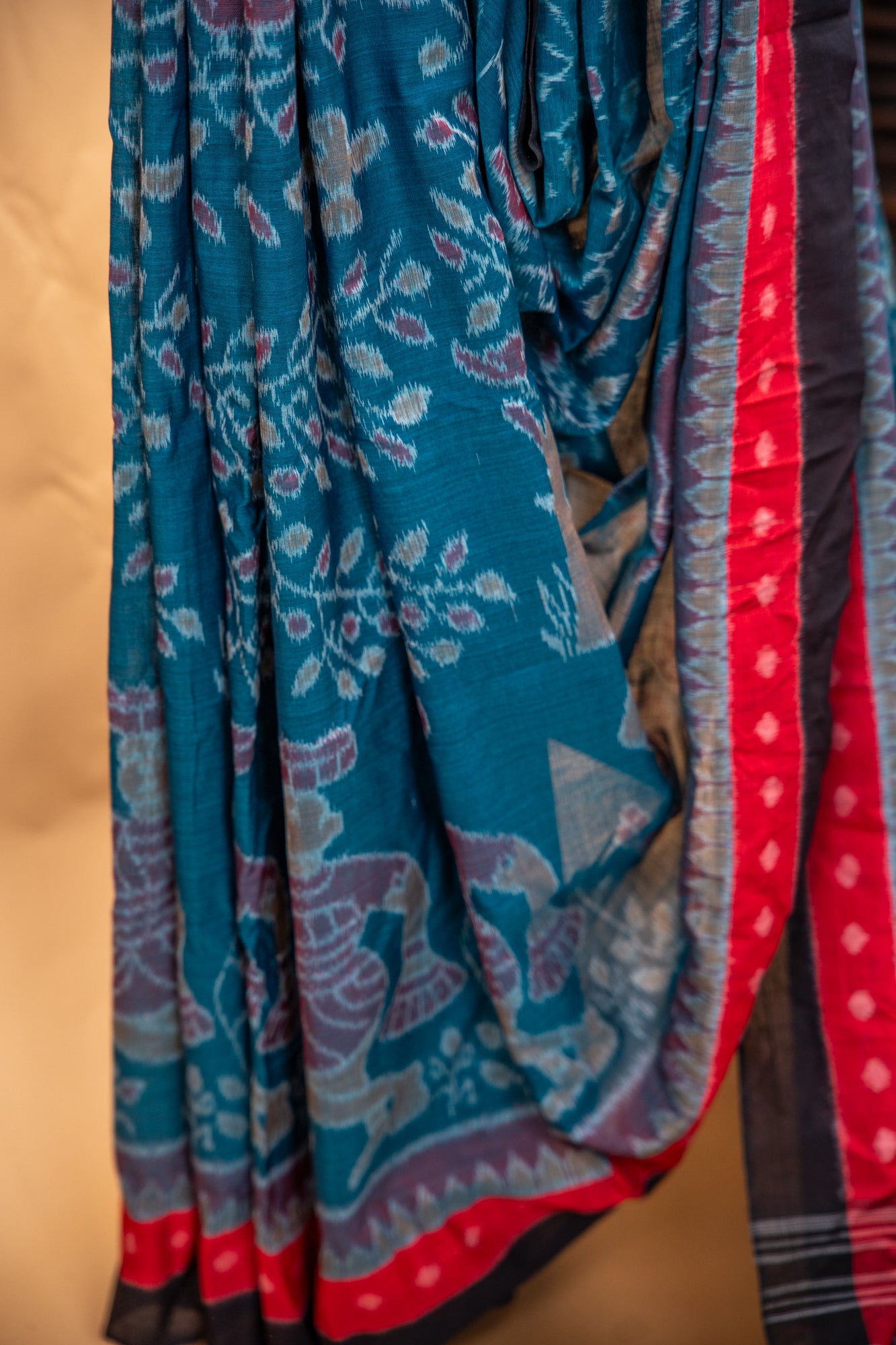 Indigo Teal Sambalpuri Cotton Handloom Saree with Tree of Life Motifs | Atulyakarigari