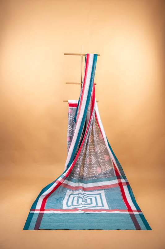 Handwoven Charcoal Grey Sambalpuri Cotton Saree with Geometric Design