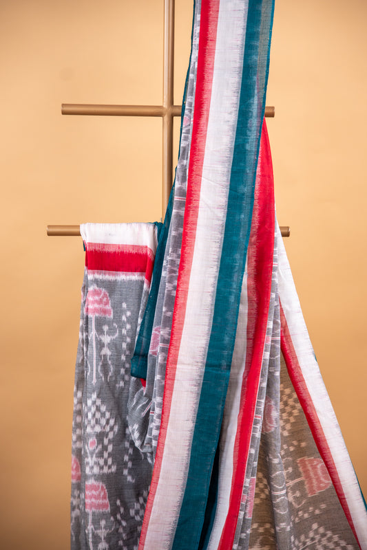 Handwoven Charcoal Grey Sambalpuri Cotton Saree with Geometric Design
