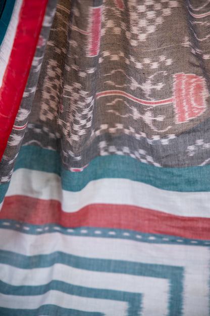 Handwoven Charcoal Grey Sambalpuri Cotton Saree with Geometric Design