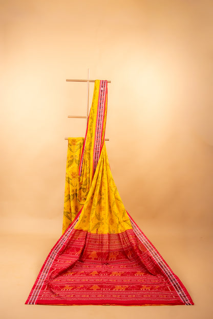 Mustard Yellow Sambalpuri Cotton Handloom Saree with Lotus Motifs | Atulyakarigari