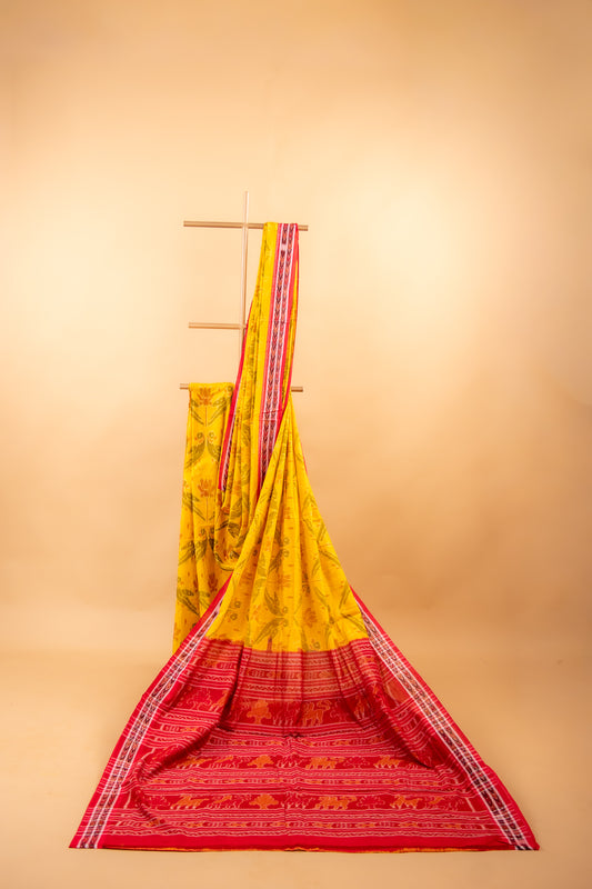 Mustard Yellow Sambalpuri Cotton Handloom Saree with Lotus Motifs | Atulyakarigari