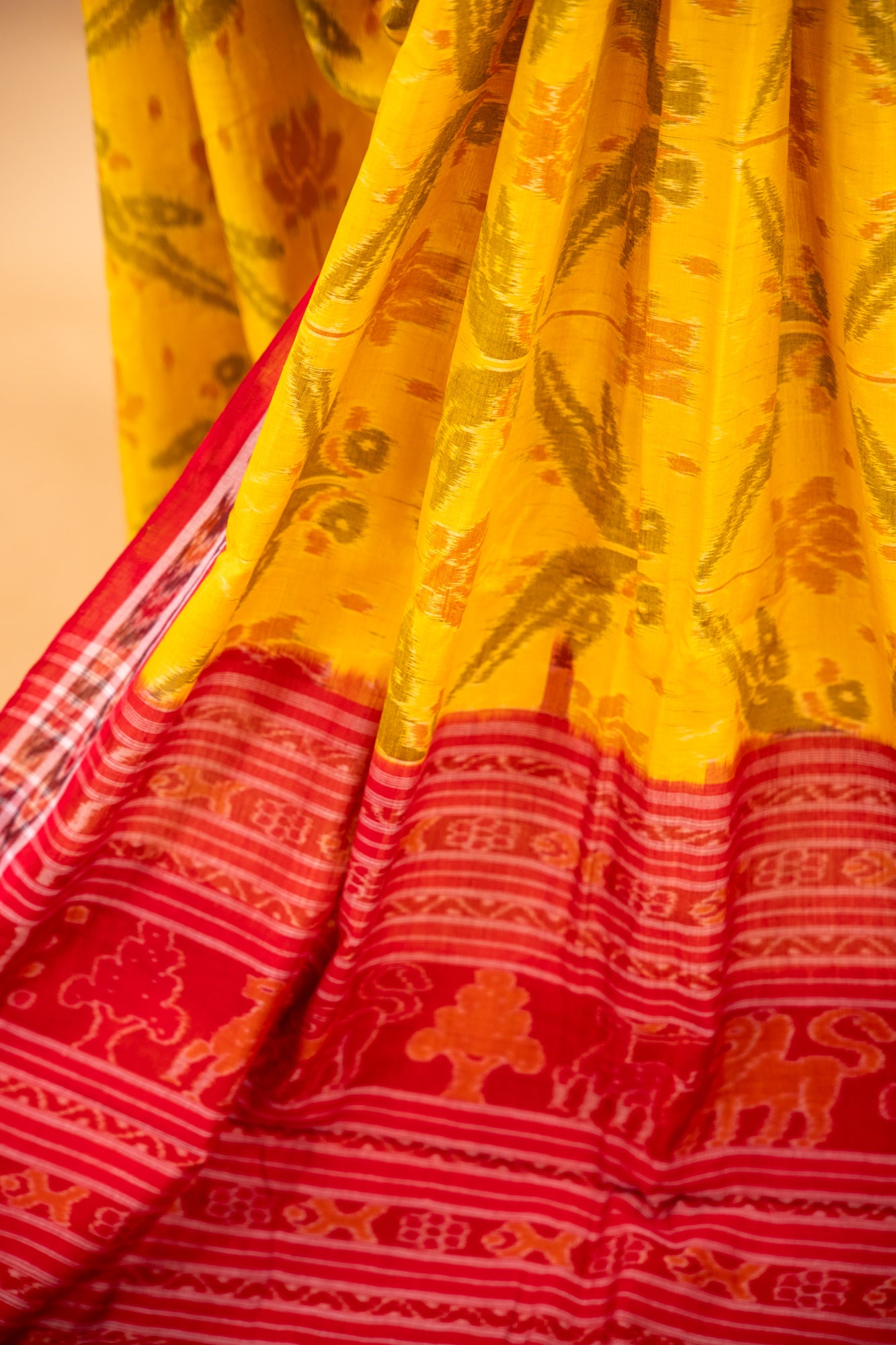 Mustard Yellow Sambalpuri Cotton Handloom Saree with Lotus Motifs | Atulyakarigari