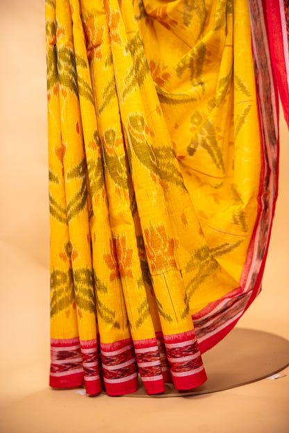 Mustard Yellow Sambalpuri Cotton Handloom Saree with Lotus Motifs | Atulyakarigari