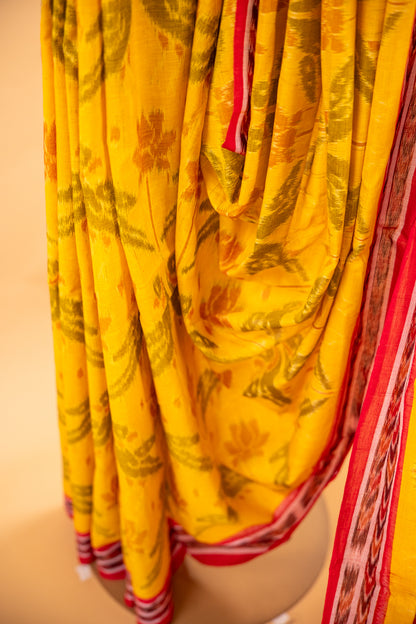 Mustard Yellow Sambalpuri Cotton Handloom Saree with Lotus Motifs | Atulyakarigari