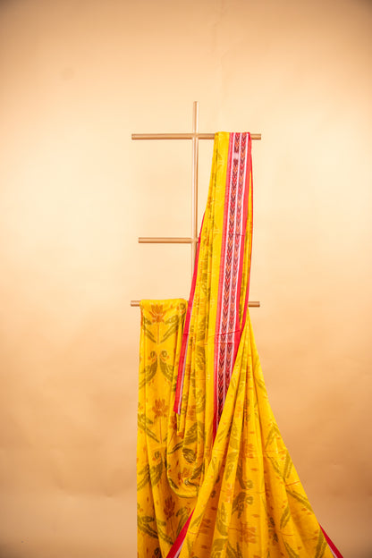 Mustard Yellow Sambalpuri Cotton Handloom Saree with Lotus Motifs | Atulyakarigari