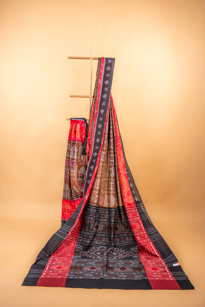 Handwoven Brown Sambalpuri Cotton Saree with Traditional Elephant Motifs