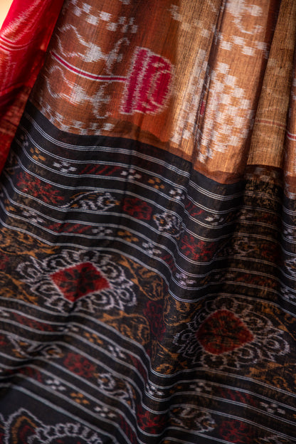 Handwoven Brown Sambalpuri Cotton Saree with Traditional Elephant Motifs