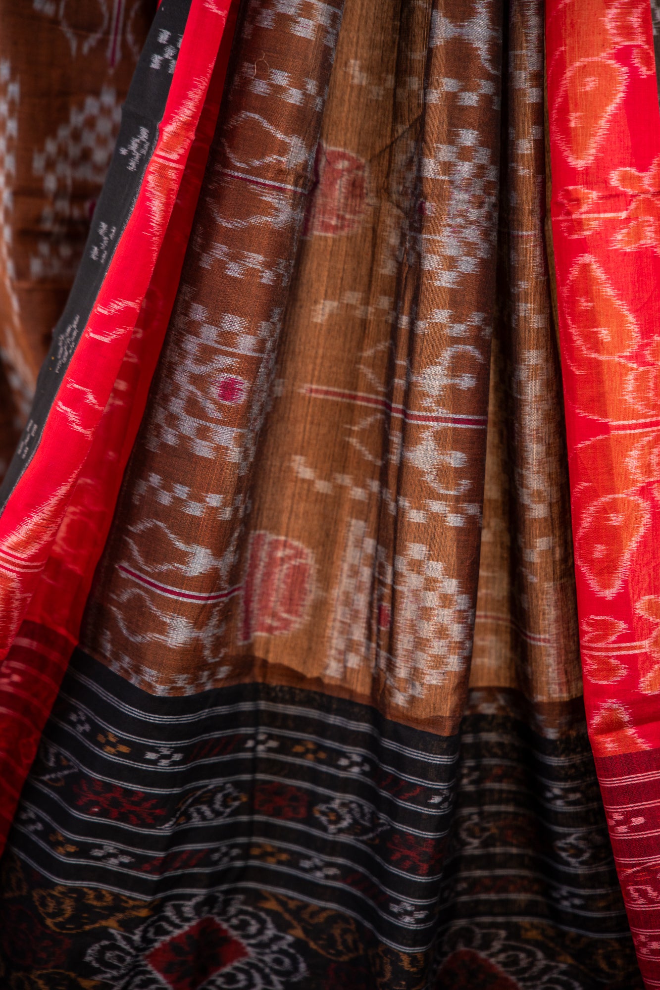 Handwoven Brown Sambalpuri Cotton Saree with Traditional Elephant Motifs