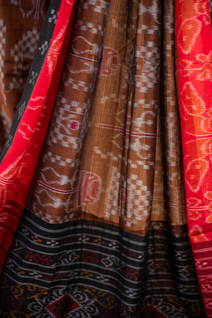 Handwoven Brown Sambalpuri Cotton Saree with Traditional Elephant Motifs