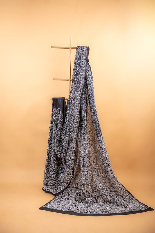 Black Chikan Cotton Saree with Hand Embroidery | Atulyakarigari