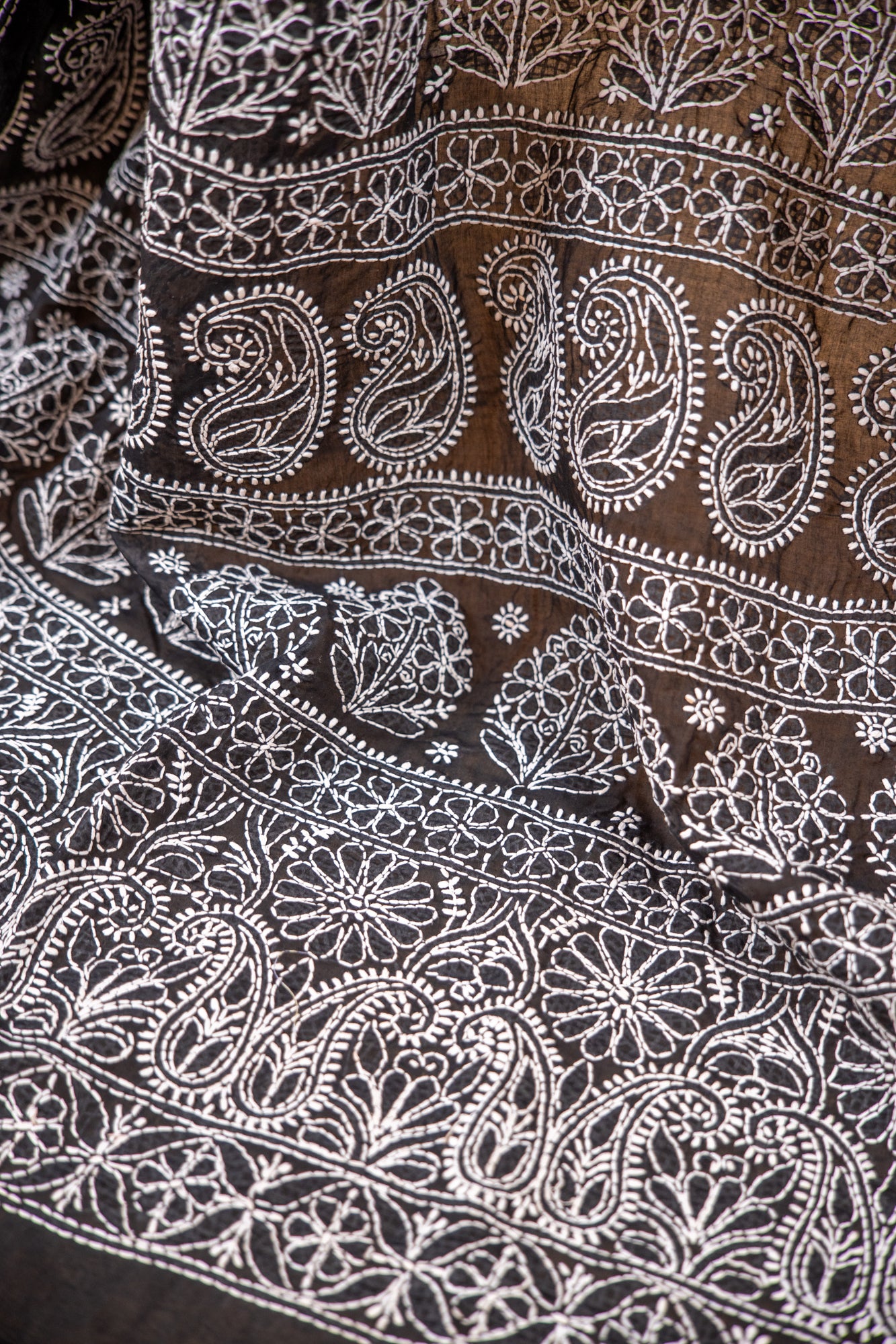 Black Chikan Cotton Saree with Hand Embroidery | Atulyakarigari