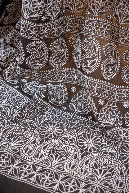 Black Chikan Cotton Saree with Hand Embroidery | Atulyakarigari