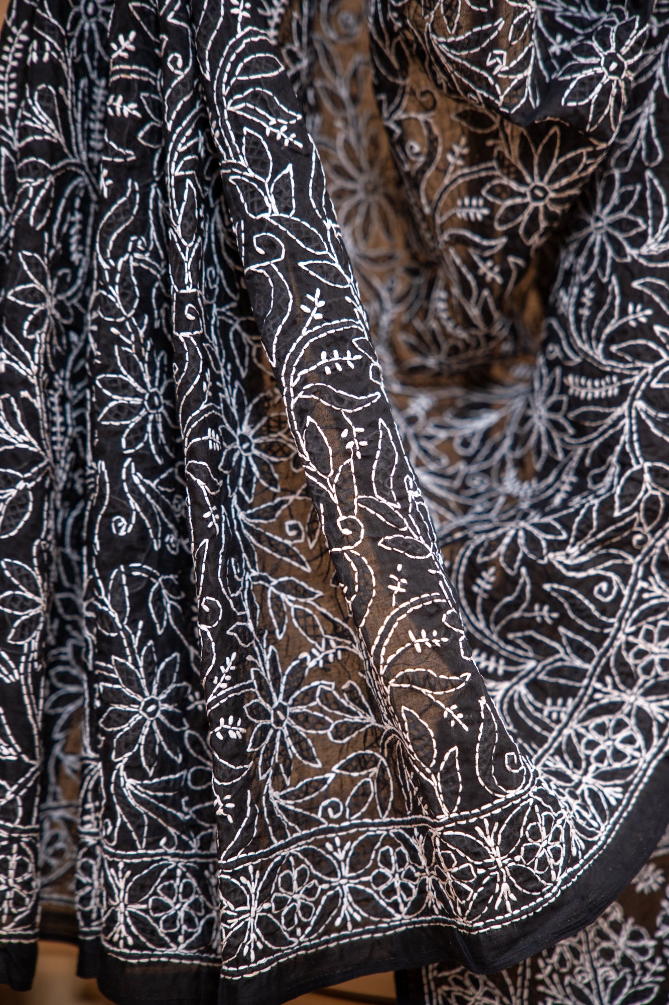 Black Chikan Cotton Saree with Hand Embroidery | Atulyakarigari
