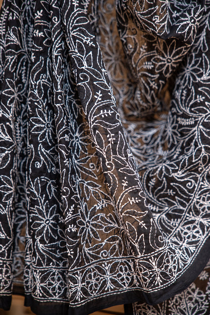 Black Chikan Cotton Saree with Hand Embroidery | Atulyakarigari