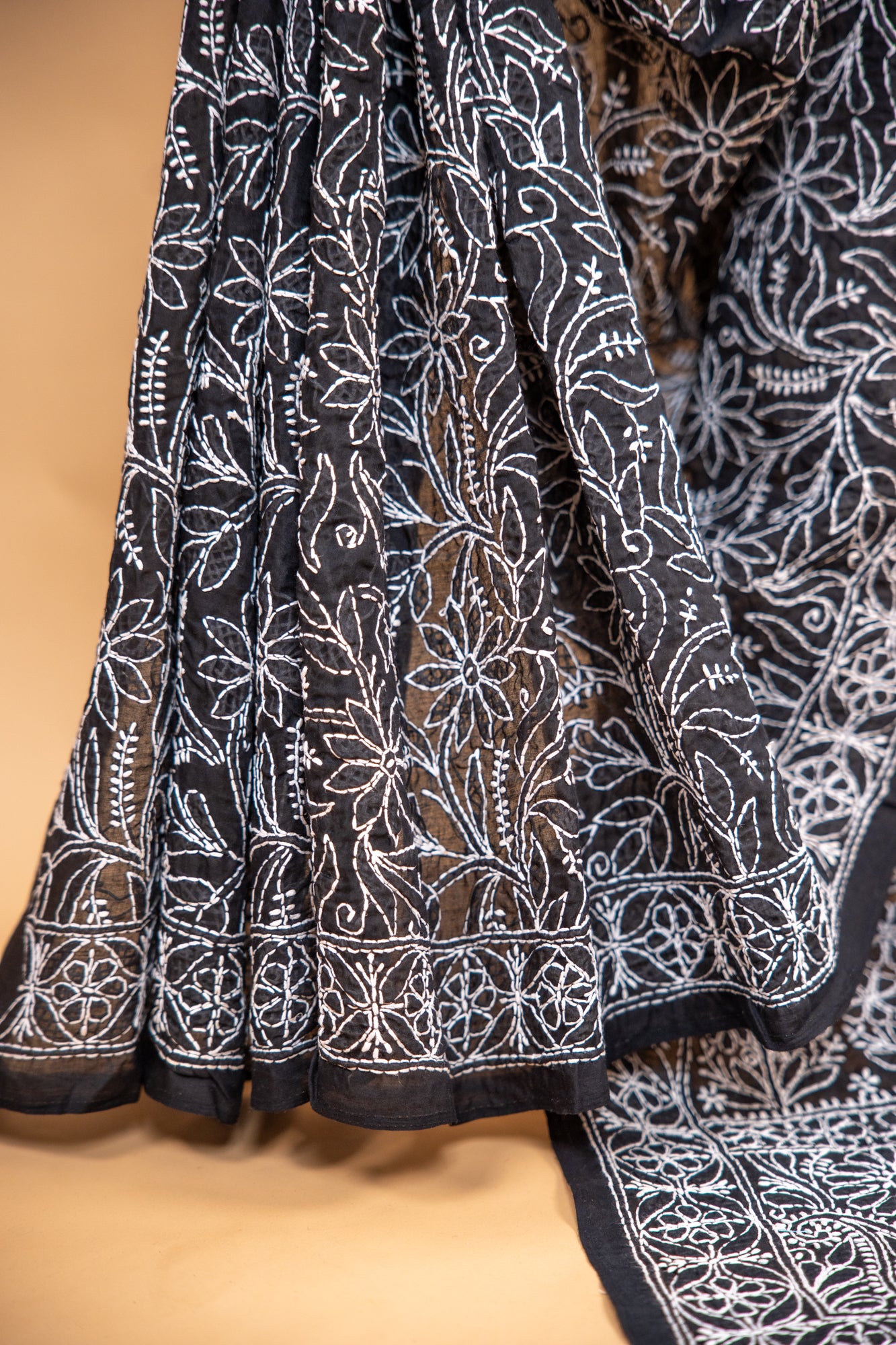 Black Chikan Cotton Saree with Hand Embroidery | Atulyakarigari