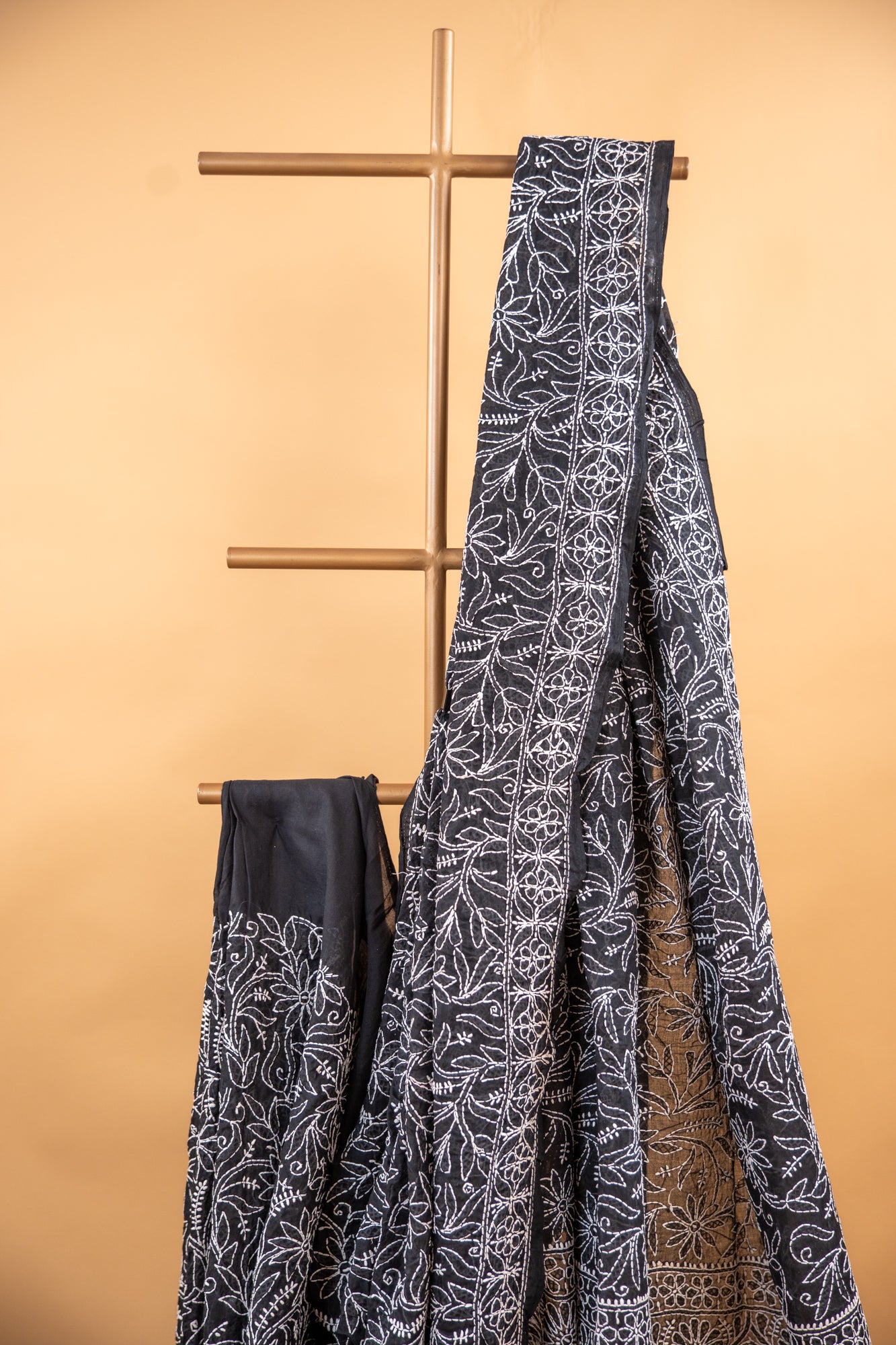 Black Chikan Cotton Saree with Hand Embroidery | Atulyakarigari