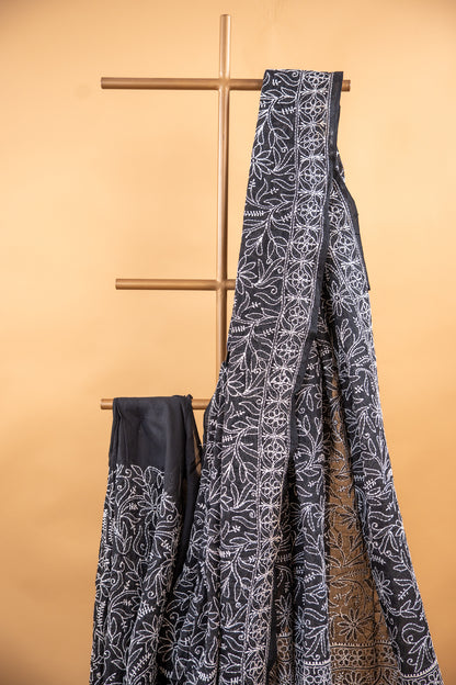 Black Chikan Cotton Saree with Hand Embroidery | Atulyakarigari