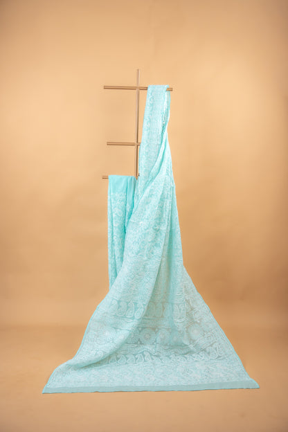 Turquoise Chikan Cotton Saree with Hand Embroidery | Atulyakarigari