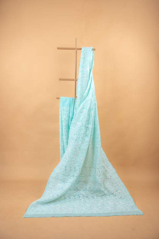 Turquoise Chikan Cotton Saree with Hand Embroidery | Atulyakarigari