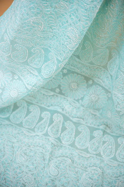 Turquoise Chikan Cotton Saree with Hand Embroidery | Atulyakarigari