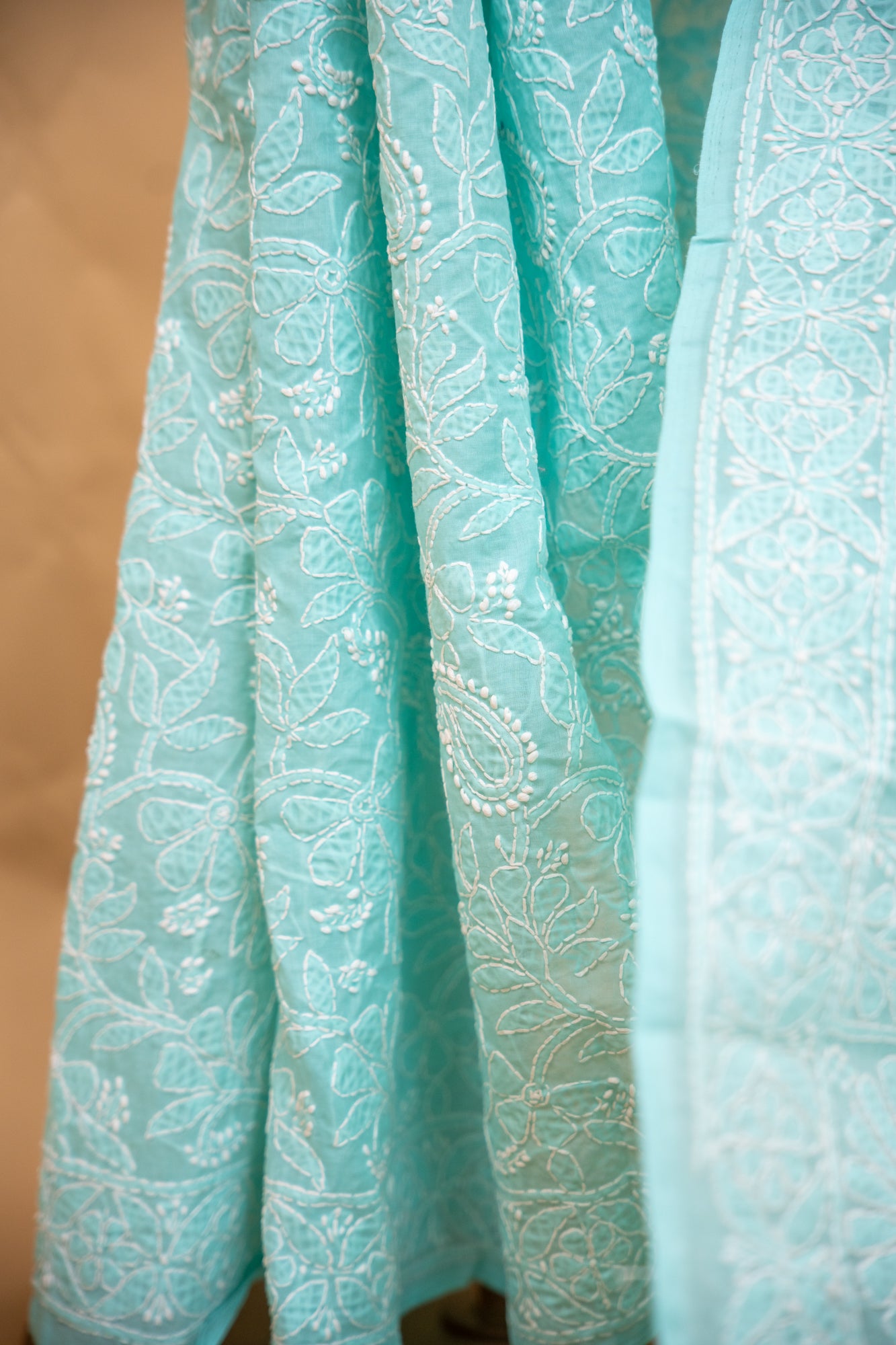 Turquoise Chikan Cotton Saree with Hand Embroidery | Atulyakarigari