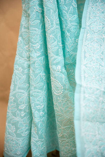 Turquoise Chikan Cotton Saree with Hand Embroidery | Atulyakarigari