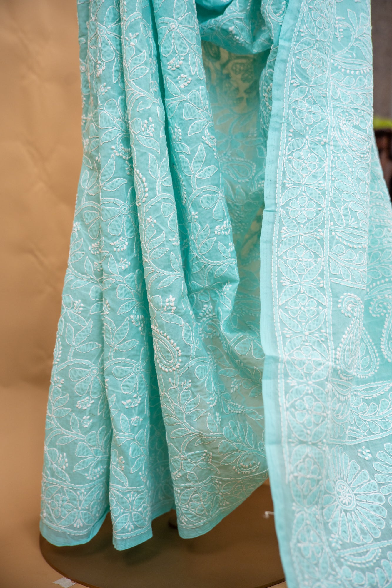 Turquoise Chikan Cotton Saree with Hand Embroidery | Atulyakarigari