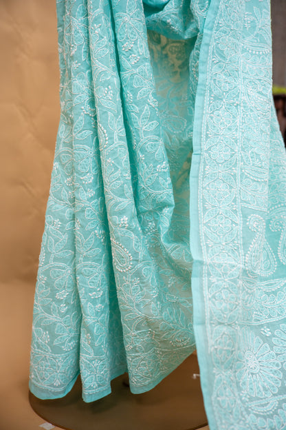 Turquoise Chikan Cotton Saree with Hand Embroidery | Atulyakarigari