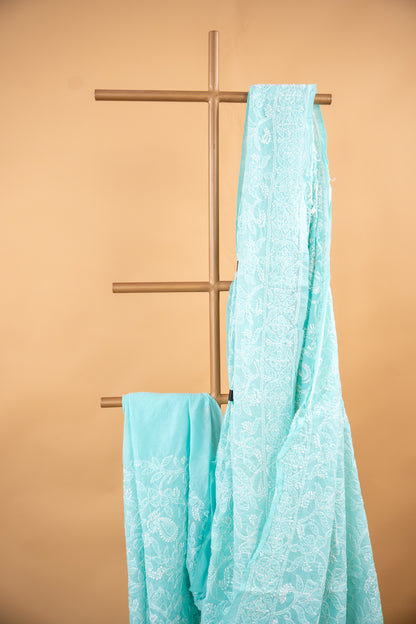 Turquoise Chikan Cotton Saree with Hand Embroidery | Atulyakarigari