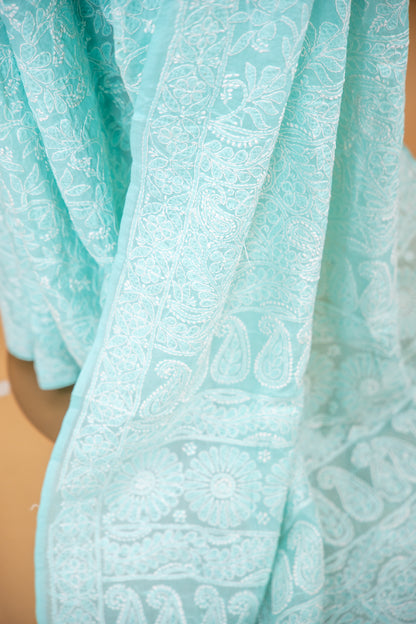 Turquoise Chikan Cotton Saree with Hand Embroidery | Atulyakarigari