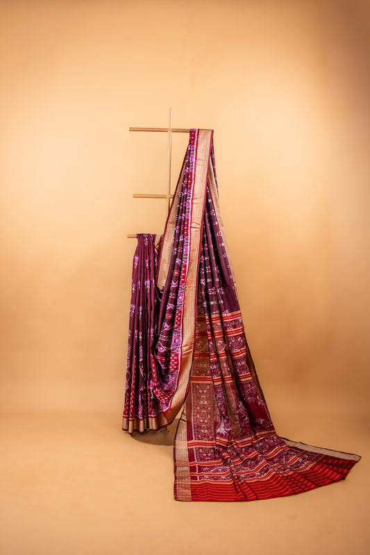 Handwoven Burgundy Khandua Silk Saree with Traditional Ikat Motifs