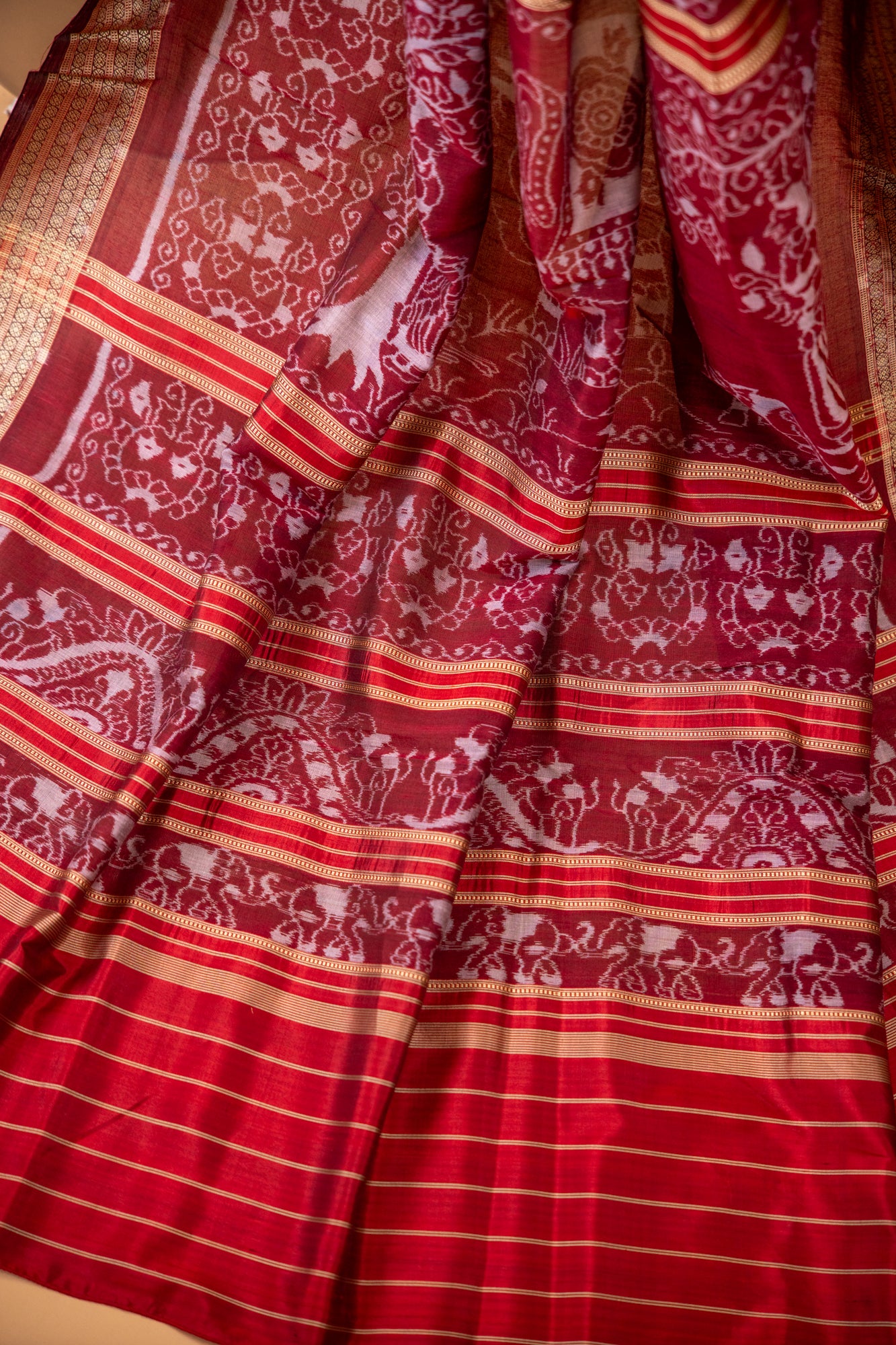 Handwoven Burgundy Khandua Silk Saree with Traditional Ikat Motifs