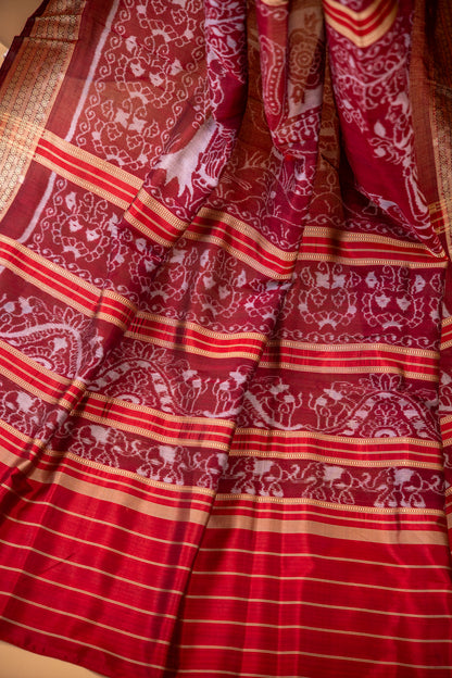 Handwoven Burgundy Khandua Silk Saree with Traditional Ikat Motifs