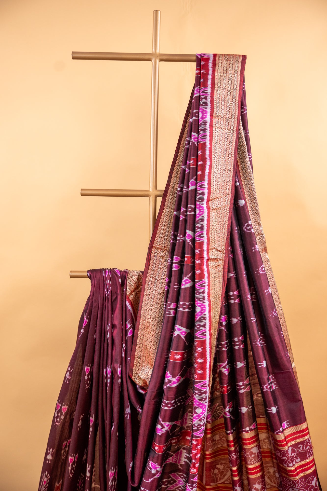 Handwoven Burgundy Khandua Silk Saree with Traditional Ikat Motifs