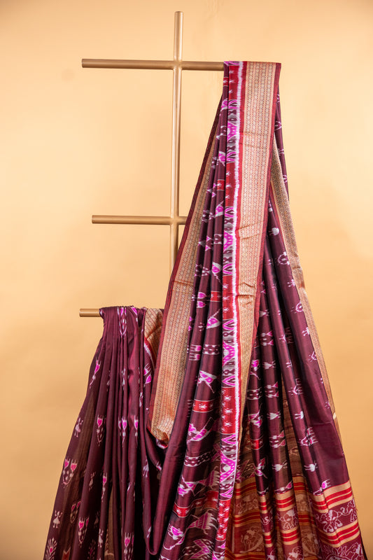 Handwoven Burgundy Khandua Silk Saree with Traditional Ikat Motifs