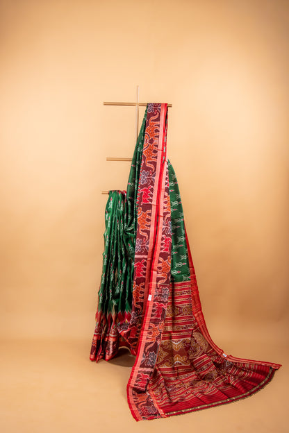 Handwoven Emerald Green Khandua Silk Saree with Deer & Tiger Ikat Border