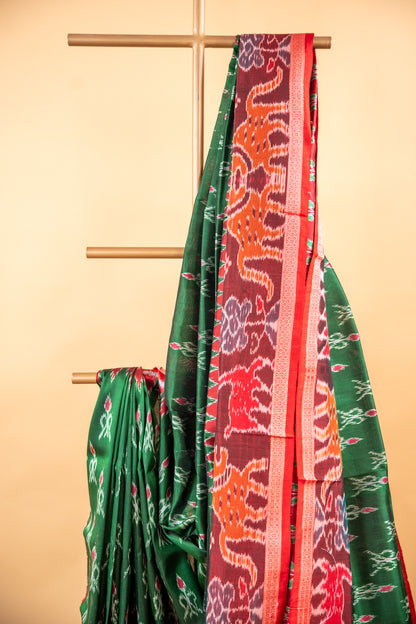 Handwoven Emerald Green Khandua Silk Saree with Deer & Tiger Ikat Border
