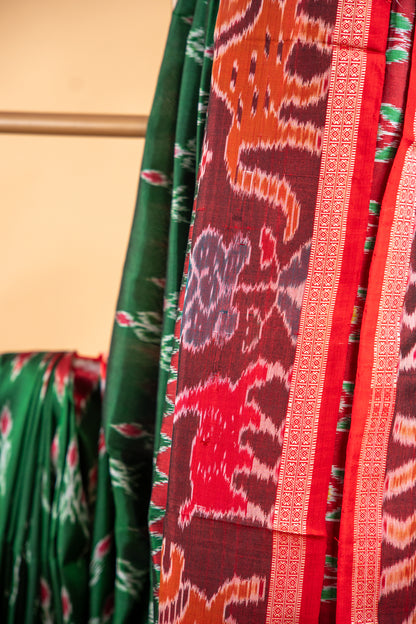 Handwoven Emerald Green Khandua Silk Saree with Deer & Tiger Ikat Border