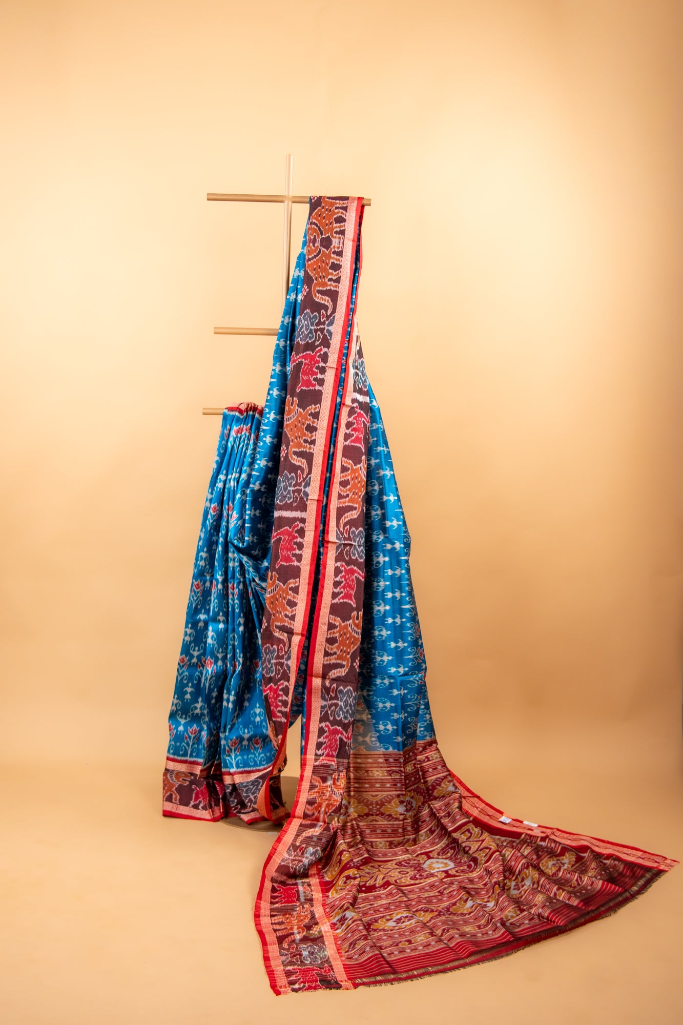 Handwoven Cerulean Blue Khandua Silk Saree with Traditional Narrative Border