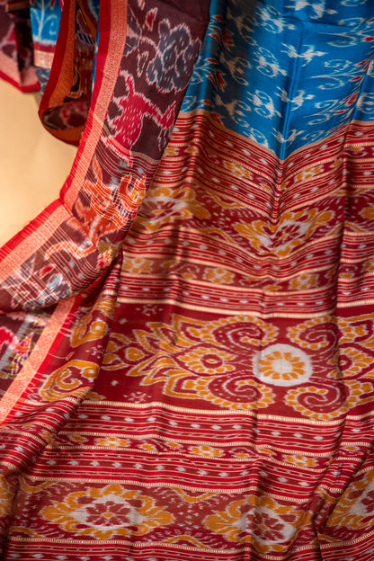 Handwoven Cerulean Blue Khandua Silk Saree with Traditional Narrative Border
