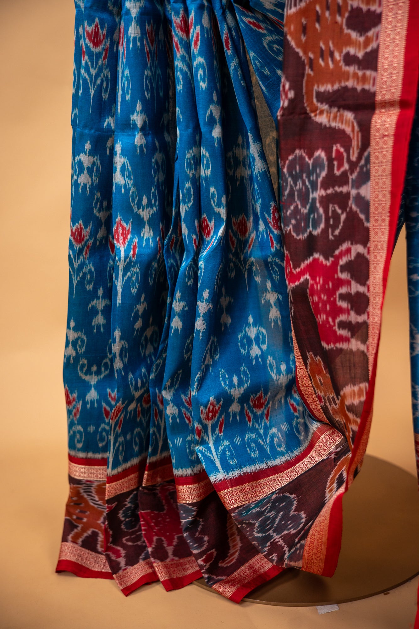 Handwoven Cerulean Blue Khandua Silk Saree with Traditional Narrative Border